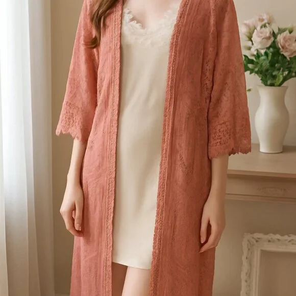 🌸 Vintage Inspired Terracotta Lace Duster Kimono | Boho Luxe Layering Piece - Picture 13 of 13
